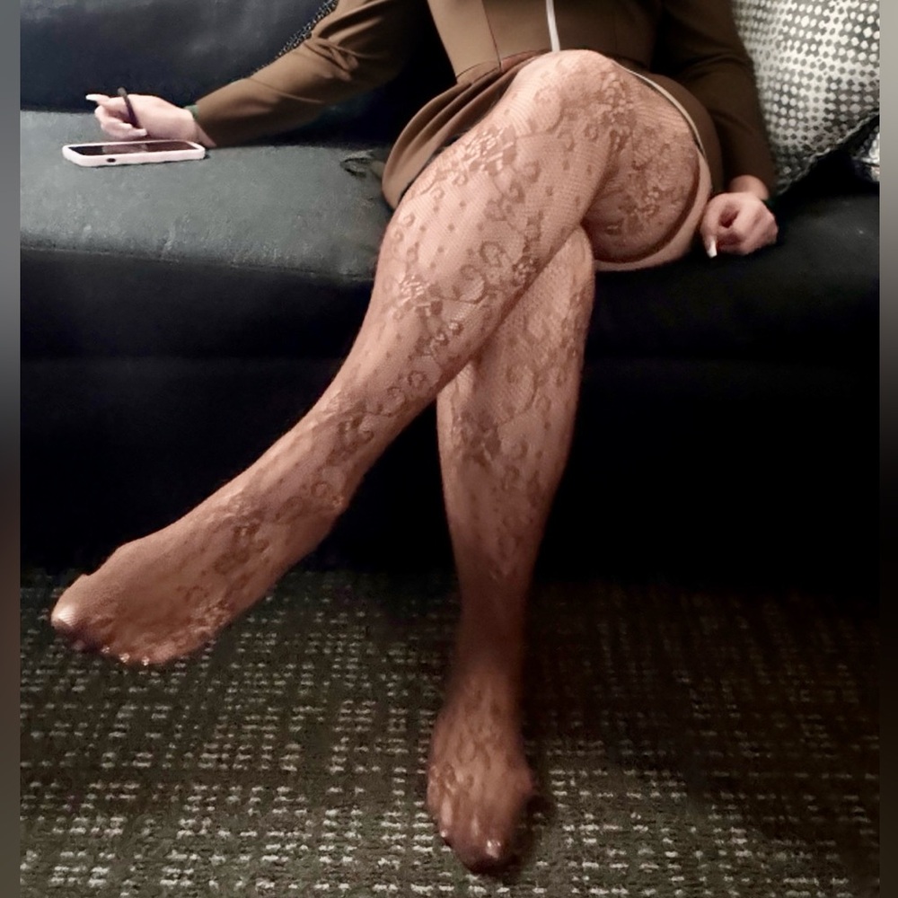 Brown Lace Patterned Thigh High Stockings - Picture 1 of 9